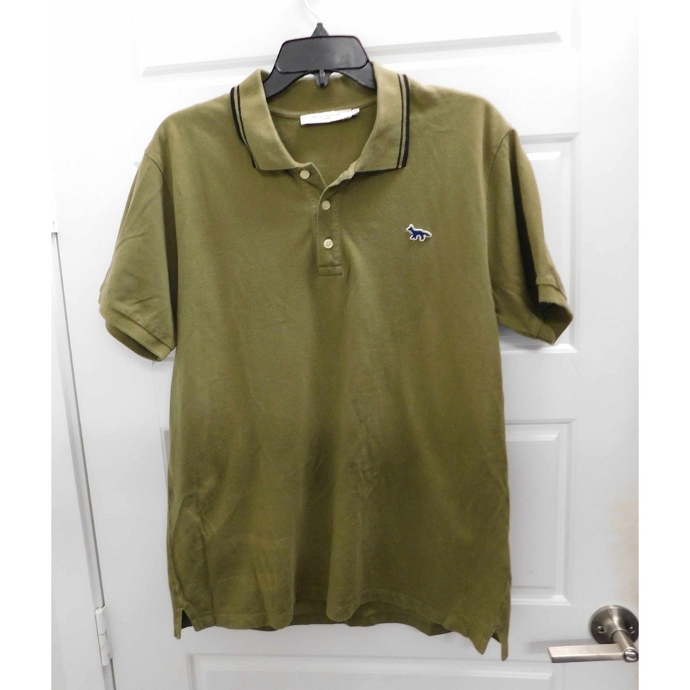 Maison Kitsune Olive Green Polo Shirt Cotton Short Sleeve Fox Logo Blue sz  L